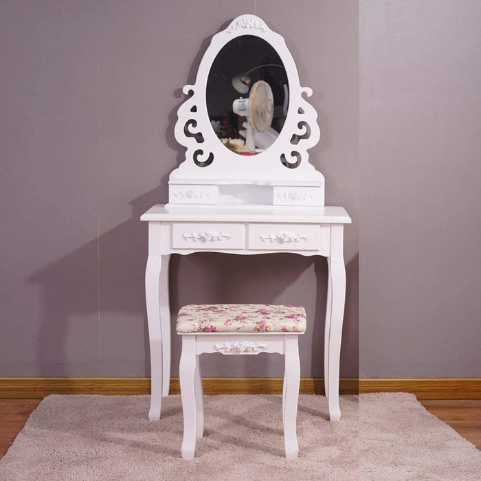 Schminktisch Aushöhlen Frisertisch mit Spiegel u. Hocker, 4 Schubladen inkl. 2 Stück Unterteiler, Kippsicherung, weiß 75 x 40 cm