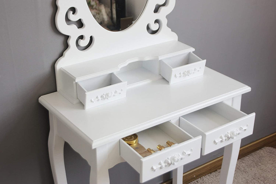 Schminktisch Aushöhlen Frisertisch mit Spiegel u. Hocker, 4 Schubladen inkl. 2 Stück Unterteiler, Kippsicherung, weiß 75 x 40 cm