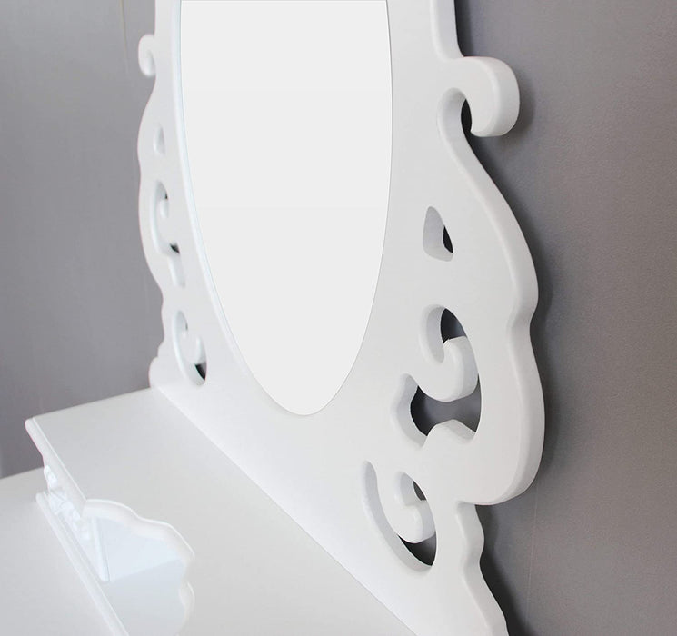 Schminktisch Aushöhlen Frisertisch mit Spiegel u. Hocker, 4 Schubladen inkl. 2 Stück Unterteiler, Kippsicherung, weiß 75 x 40 cm