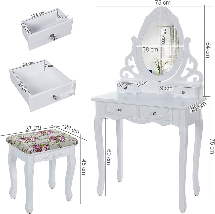 Schminktisch Aushöhlen Frisertisch mit Spiegel u. Hocker, 4 Schubladen inkl. 2 Stück Unterteiler, Kippsicherung, weiß 75 x 40 cm