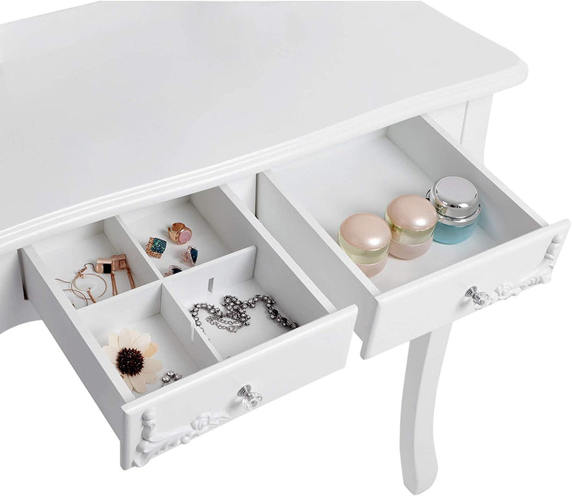 Schminktisch Aushöhlen Frisertisch mit Spiegel u. Hocker, 4 Schubladen inkl. 2 Stück Unterteiler, Kippsicherung, weiß 75 x 40 cm