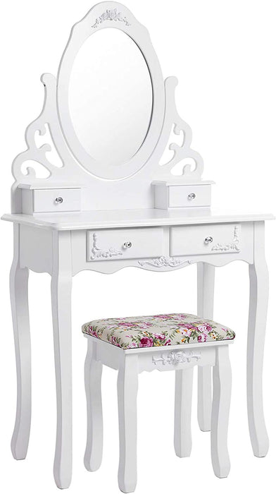 Schminktisch Aushöhlen Frisertisch mit Spiegel u. Hocker, 4 Schubladen inkl. 2 Stück Unterteiler, Kippsicherung, weiß 75 x 40 cm