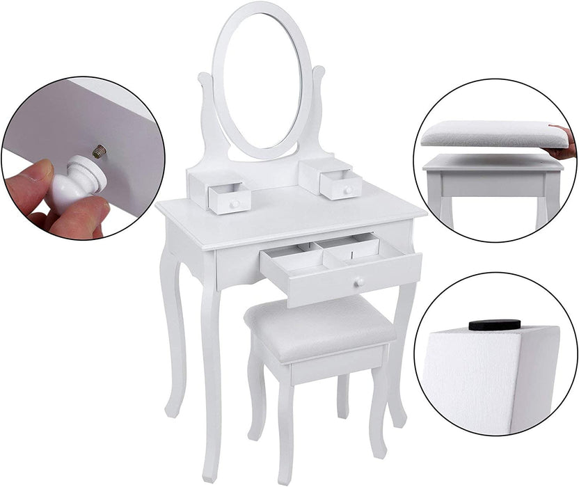 Schminktisch, 3 Schubladen mit Spiegel Hocker, 70 x 130 x 40 cm (B x H x T), weiß