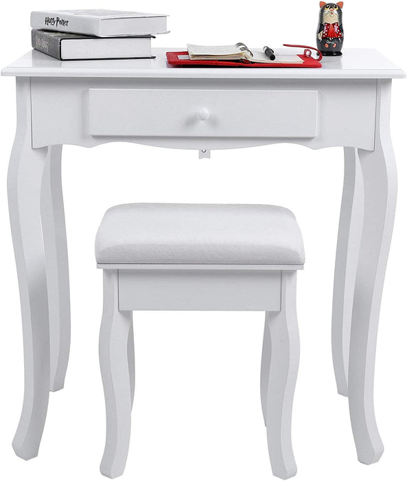 Schminktisch, 3 Schubladen mit Spiegel Hocker, 70 x 130 x 40 cm (B x H x T), weiß