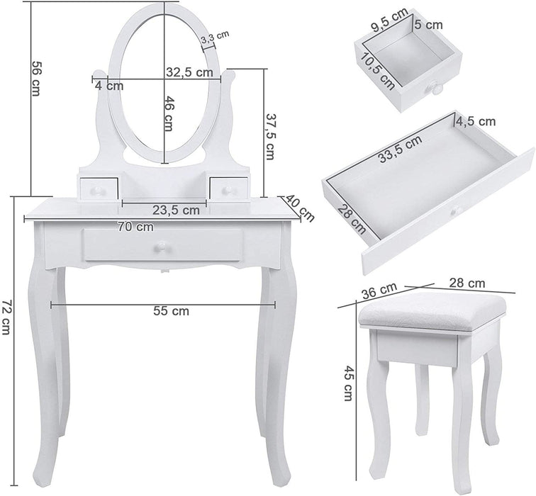 Schminktisch, 3 Schubladen mit Spiegel Hocker, 70 x 130 x 40 cm (B x H x T), weiß