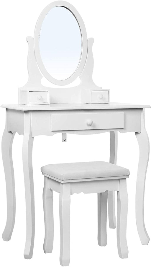 Schminktisch, 3 Schubladen mit Spiegel Hocker, 70 x 130 x 40 cm (B x H x T), weiß