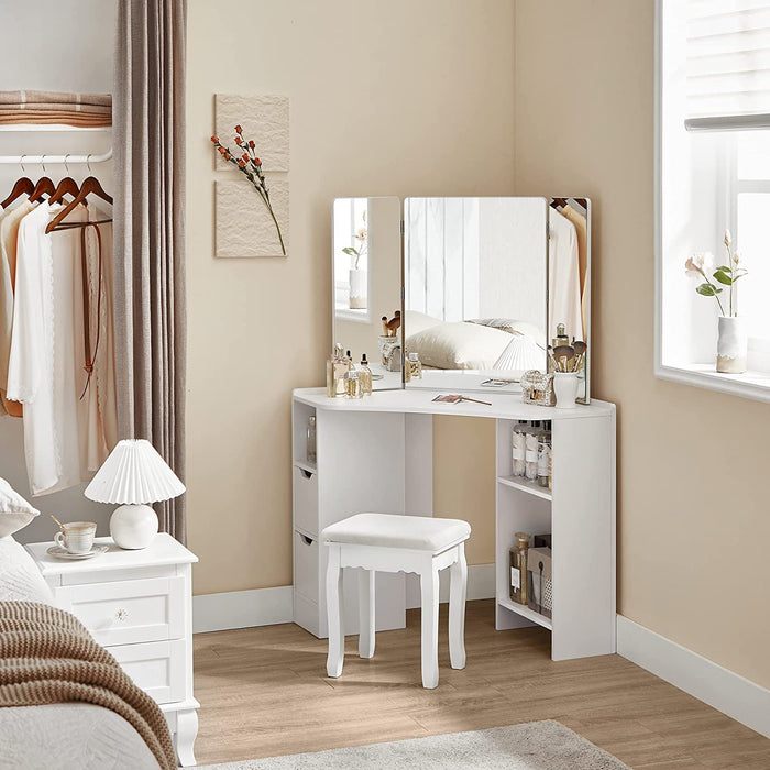 Schminktisch, Eckschminktisch, Frisiertisch, Kosmetiktisch, 3-teiliger Klappspiegel, 2 Schubladen, 3 offene Fächer, 110 x 54 x 140 cm, modern, weiß