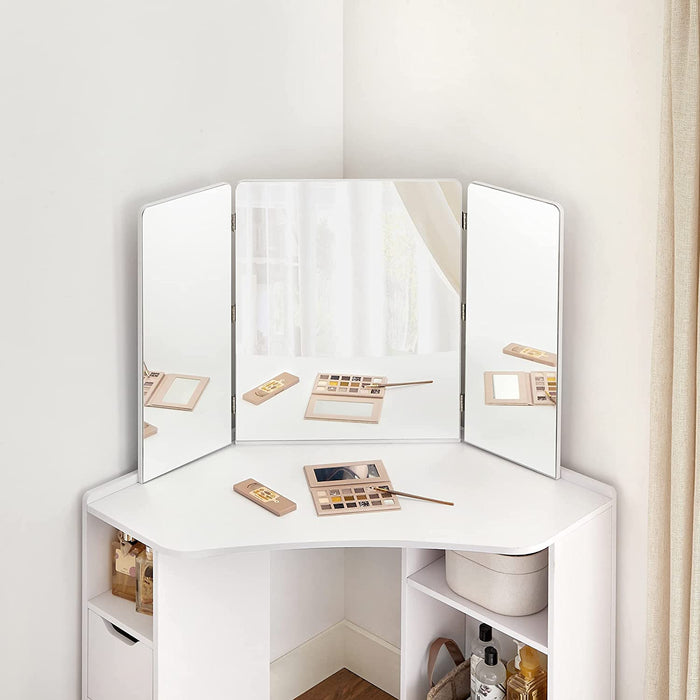 Schminktisch, Eckschminktisch, Frisiertisch, Kosmetiktisch, 3-teiliger Klappspiegel, 2 Schubladen, 3 offene Fächer, 110 x 54 x 140 cm, modern, weiß