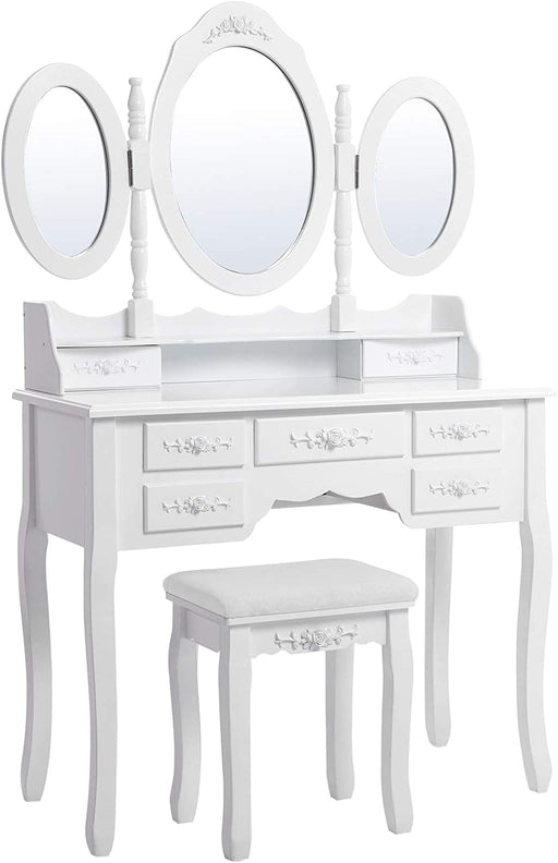 Schminktisch mit 3 Spiegel und Hocker, 7 Schubladen inkl. 2 Stück Unterteiler, Kippsicherung, luxuriös, 145 x 90 x 40 cm, weiß