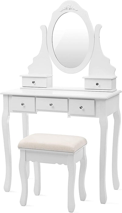 Schminktisch mit 5 Schubladen (inkl. 2 Unterteiler), Frisiertisch mit Spiegel und Hocker, Kosmetiktisch mit Kippsicherung, weiß