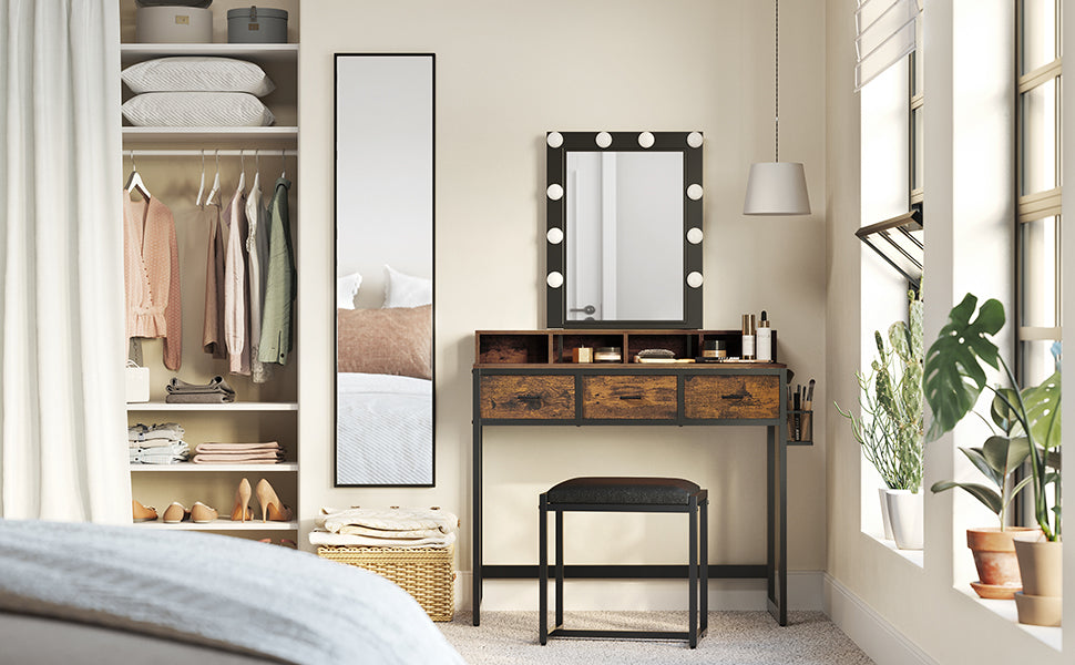 Schminktisch mit Beleuchtung, Frisiertisch mit Hocker, Kosmetiktisch, 10 LED-Glühbirnen, Spiegel, einstellbare Helligkeit, für Schlafzimmer