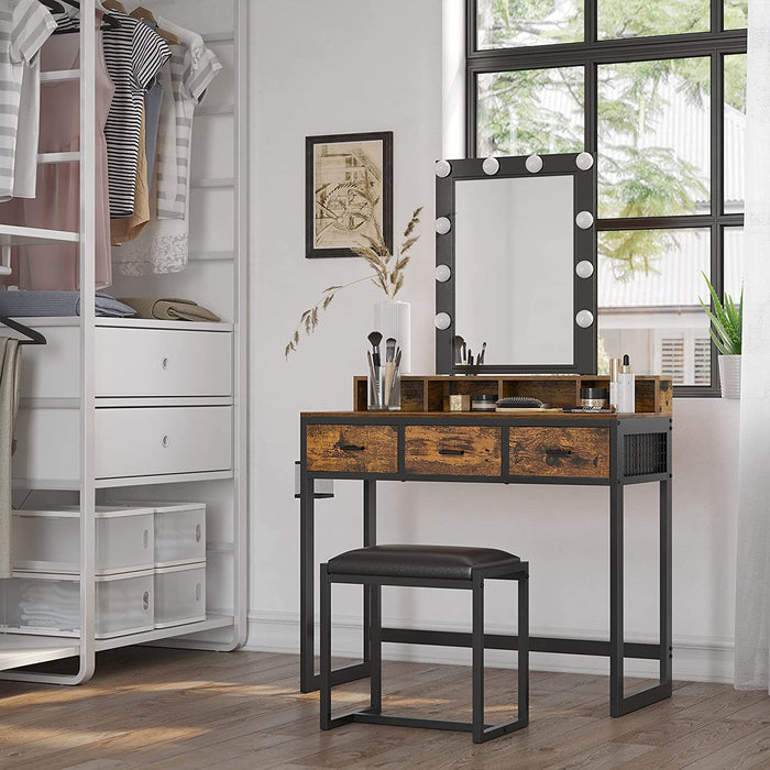 Schminktisch mit Beleuchtung, Frisiertisch mit Hocker, Kosmetiktisch, 10 LED-Glühbirnen, Spiegel, einstellbare Helligkeit, für Schlafzimmer