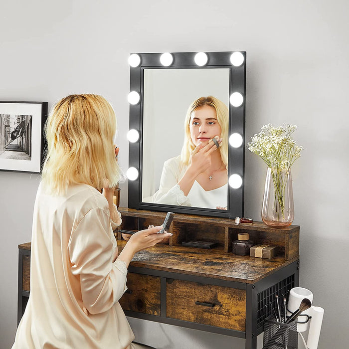 Schminktisch mit Beleuchtung, Frisiertisch mit Hocker, Kosmetiktisch, 10 LED-Glühbirnen, Spiegel, einstellbare Helligkeit, für Schlafzimmer