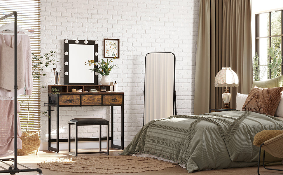 Schminktisch mit Beleuchtung, Frisiertisch mit Hocker, Kosmetiktisch, 10 LED-Glühbirnen, Spiegel, einstellbare Helligkeit, für Schlafzimmer