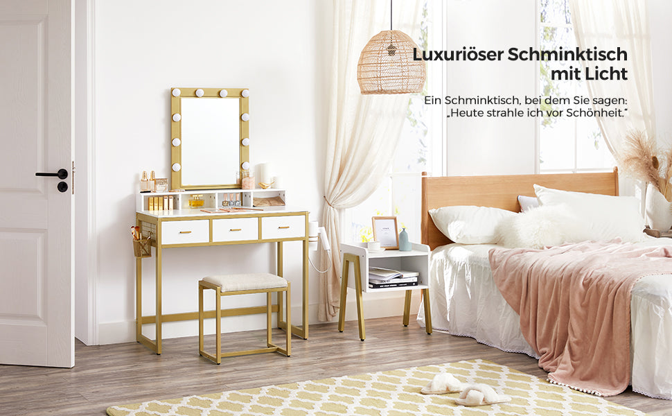 Schminktisch mit Beleuchtung, Frisiertisch mit Hocker, Kosmetiktisch, 10 LED-Glühbirnen, Spiegel, einstellbare Helligkeit, für Schlafzimmer, modern