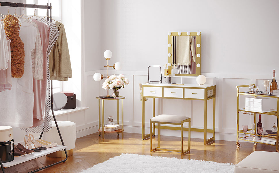 Schminktisch mit Beleuchtung, Frisiertisch mit Hocker, Kosmetiktisch, 10 LED-Glühbirnen, Spiegel, einstellbare Helligkeit, für Schlafzimmer, modern