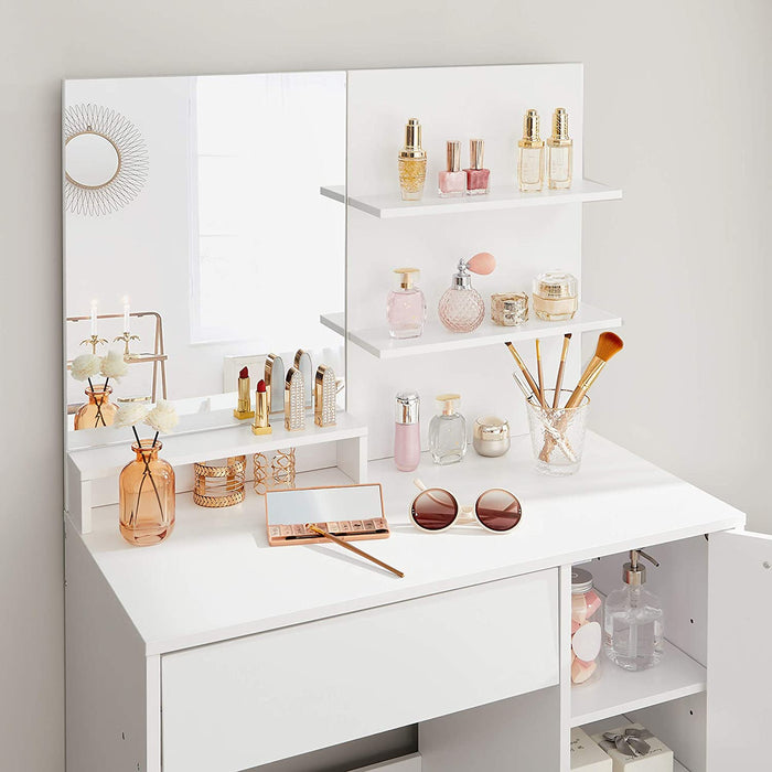 Schminktisch mit Spiegel, Frisiertisch weiß Aufbewahrungsfach, Kosmetiktisch mit 1 Schublade und 2 Ablagen, Frisierkommode, für Make-up, modern