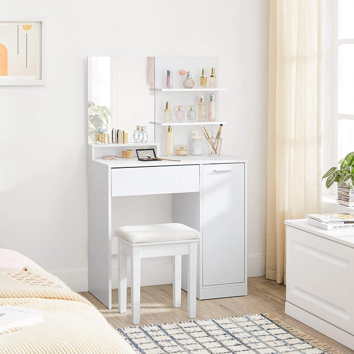 Schminktisch mit Spiegel, Frisiertisch weiß Aufbewahrungsfach, Kosmetiktisch mit 1 Schublade und 2 Ablagen, Frisierkommode, für Make-up, modern