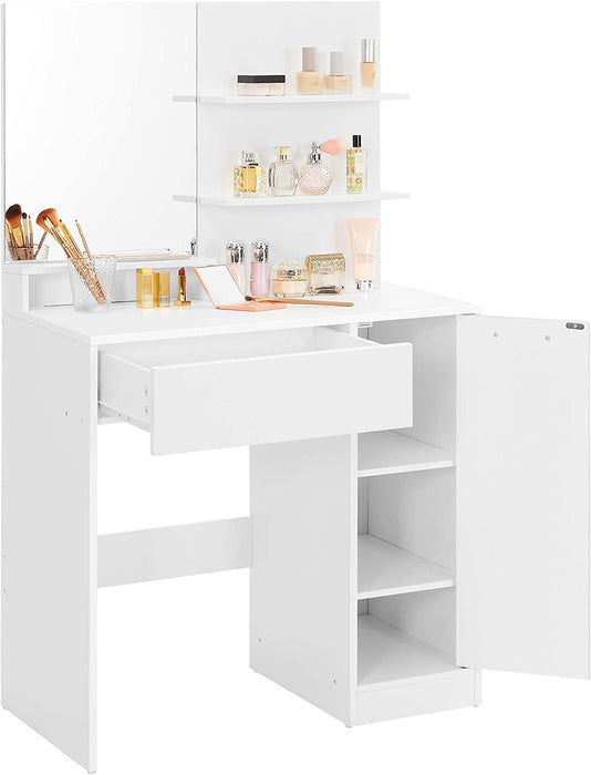 Schminktisch mit Spiegel, Frisiertisch weiß Aufbewahrungsfach, Kosmetiktisch mit 1 Schublade und 2 Ablagen, Frisierkommode, für Make-up, modern