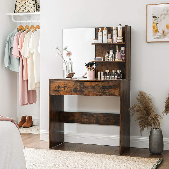 Schminktisch mit Spiegel, moderner Frisiertisch mit 2 Schubladen und offenen Regalablagen, rechteckiger Kosmetiktisch, Frisierkommode, für Make-up