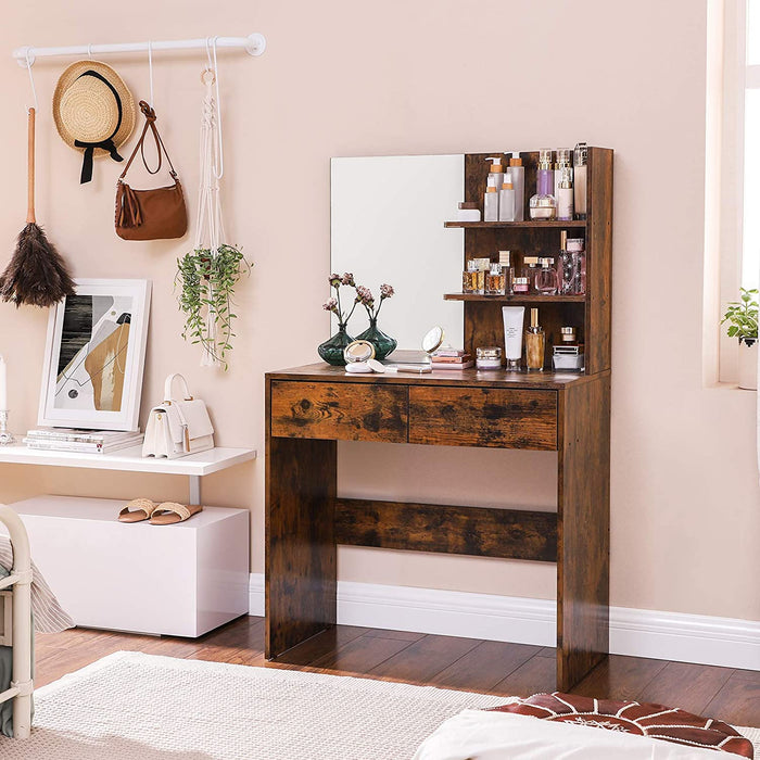 Schminktisch mit Spiegel, moderner Frisiertisch mit 2 Schubladen und offenen Regalablagen, rechteckiger Kosmetiktisch, Frisierkommode, für Make-up