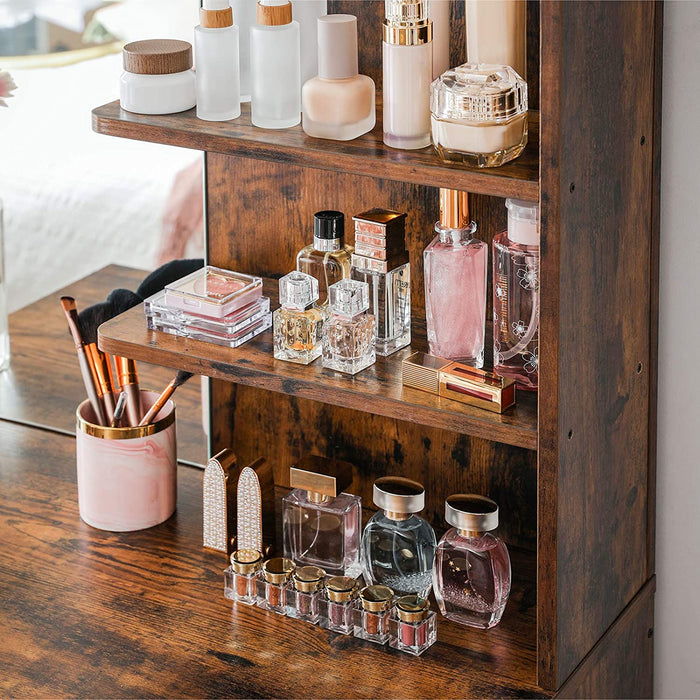 Schminktisch mit Spiegel, moderner Frisiertisch mit 2 Schubladen und offenen Regalablagen, rechteckiger Kosmetiktisch, Frisierkommode, für Make-up