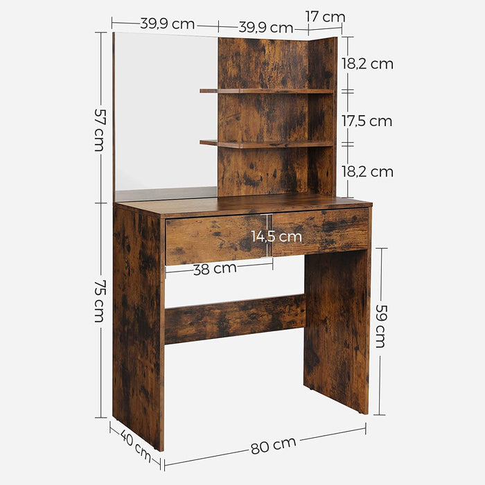 Schminktisch mit Spiegel, moderner Frisiertisch mit 2 Schubladen und offenen Regalablagen, rechteckiger Kosmetiktisch, Frisierkommode, für Make-up