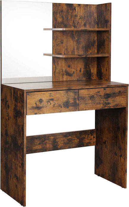 Schminktisch mit Spiegel, moderner Frisiertisch mit 2 Schubladen und offenen Regalablagen, rechteckiger Kosmetiktisch, Frisierkommode, für Make-up