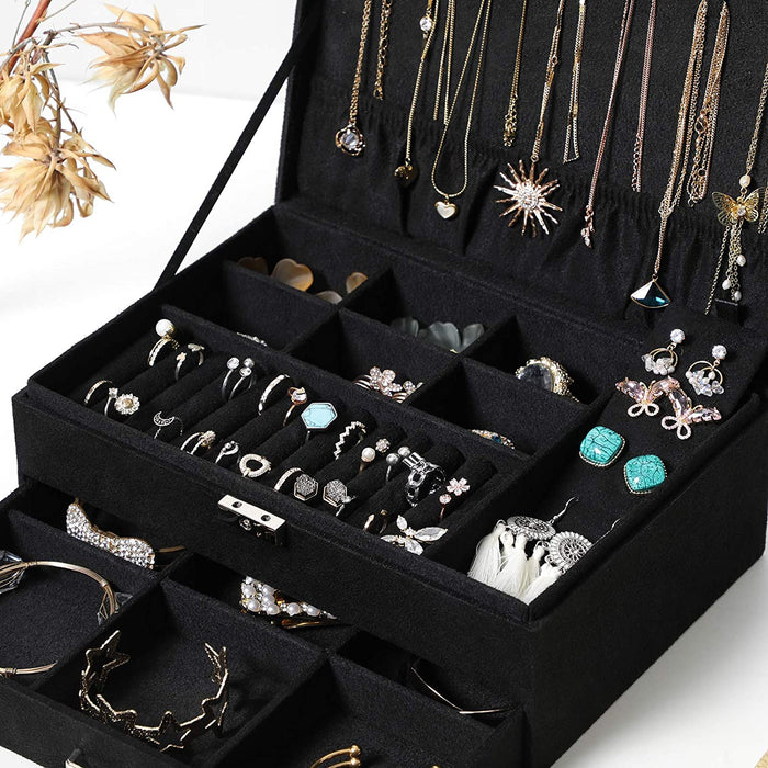 Schmuckkästchen, Schmuckbox mit 2 Ebenen, eine Schublade, mit Schlüssel, für Ringe, Ohrringe, Halsketten und Uhren, Schmuckaufbewahrung