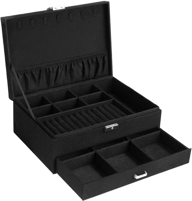 Schmuckkästchen, Schmuckbox mit 2 Ebenen, eine Schublade, mit Schlüssel, für Ringe, Ohrringe, Halsketten und Uhren, Schmuckaufbewahrung