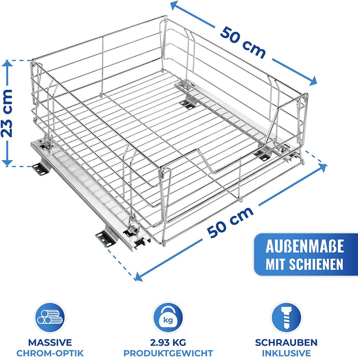 Schrankauszug Maxi, Aufbewahrungskorb mit Schienensystem für zusätzlichen Stauraum, Aufbewahrung & Organisation im gesamten Haushalt, 50 x 23 x 50 cm
