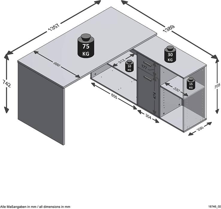 Schreibtisch-Winkelkombination Tisch ca. 136 x 75 x 68 cm, Regal ca. 137 x 71 x 33 cm, Eiche