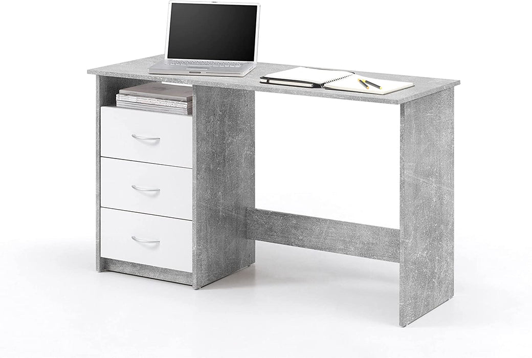 Schreibtisch mit Schubladen in Beton Optik, Weiß - Praktischer Bürotisch Computertisch mit großer Arbeitsfläche - 120 x 76 x 50 cm