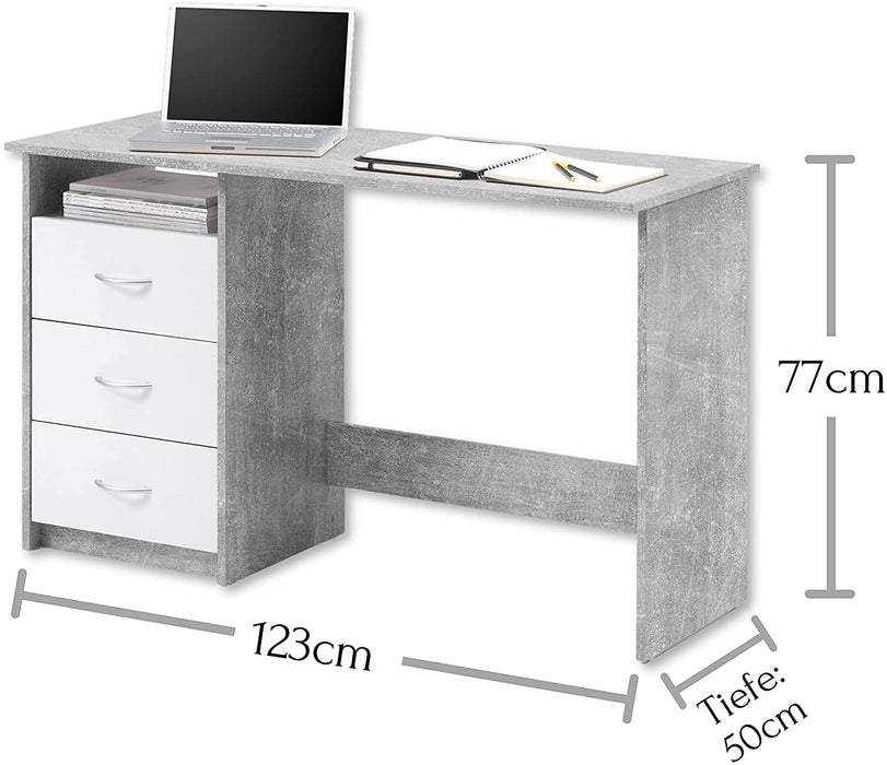 Schreibtisch mit Schubladen in Beton Optik, Weiß - Praktischer Bürotisch Computertisch mit großer Arbeitsfläche - 120 x 76 x 50 cm