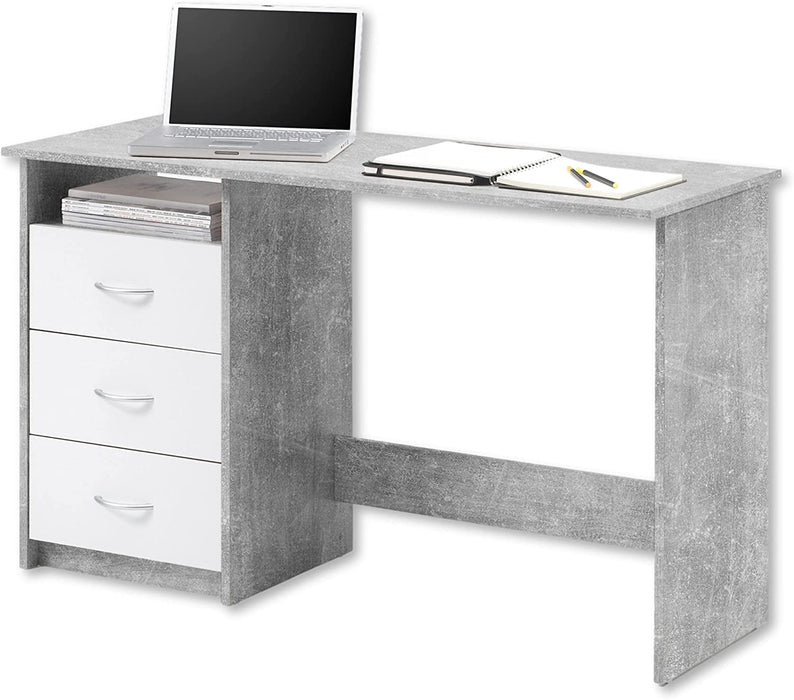 Schreibtisch mit Schubladen in Beton Optik, Weiß - Praktischer Bürotisch Computertisch mit großer Arbeitsfläche - 120 x 76 x 50 cm