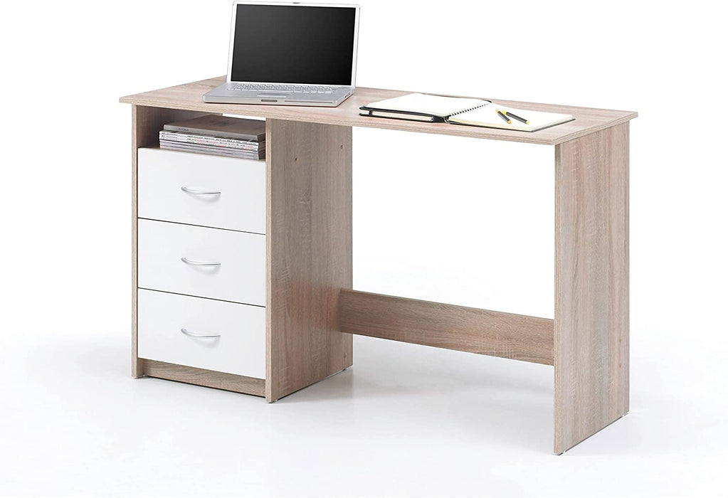  Schreibtisch mit Schubladen in Eiche Sonoma Optik, Weiß - Praktischer Bürotisch Computertisch mit großer Arbeitsfläche - 120 x 76 x 50 cm 