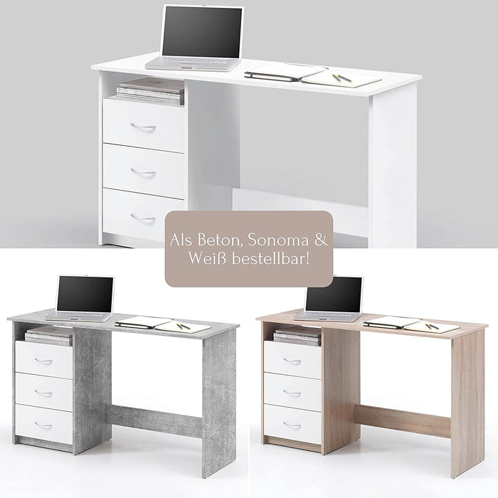  Schreibtisch mit Schubladen in Eiche Sonoma Optik, Weiß - Praktischer Bürotisch Computertisch mit großer Arbeitsfläche - 120 x 76 x 50 cm 