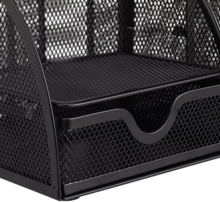 Schreibtischorganizer 6 Ablagen, kompakter Büroorganizer Metall, Schublade, Zettehalter, Stifteköcher, schwarz
