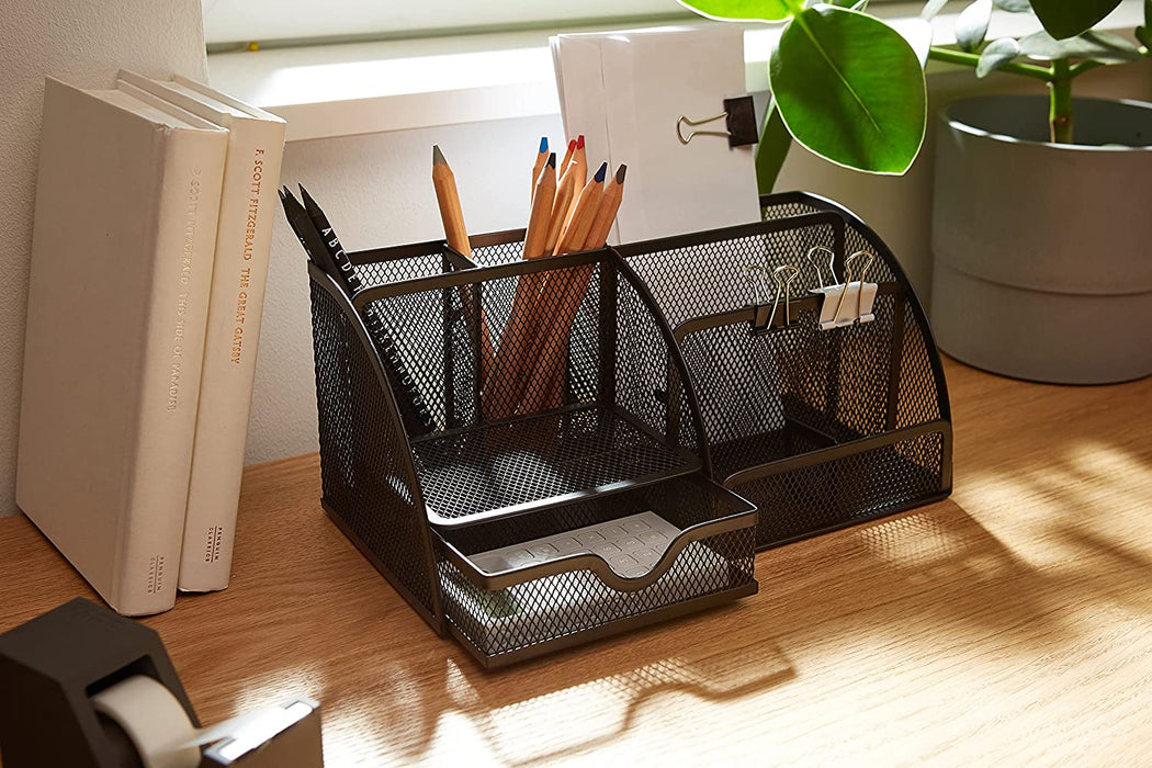 Schreibtischorganizer 6 Ablagen, kompakter Büroorganizer Metall, Schublade, Zettehalter, Stifteköcher, schwarz