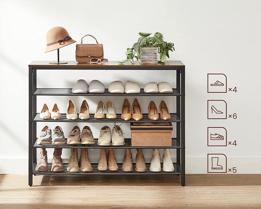 Schuhregal, Schuhablage mit 4 Gitterebenen und großzügiger Oberfläche für Taschen, für den Eingangsbereich, Flur, 120 x 30 x 92,5 cm, Industrie-Design