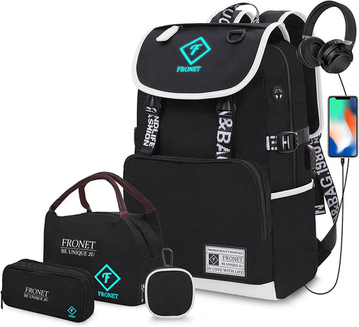 Schulrucksack Jungen Mädchen Teenager Schulranzen, Schultaschen Set 4-in-1 mit Lunch Taschen Federmäppchen Kinder Geldbörsen, Kinderrucksack Rucksäcke