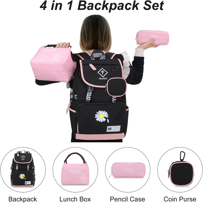 Schulrucksack Mädchen Teenager Schulranzen, Schultaschen-Set 4-in-1 mit Lunch Taschen Federmäppchen Kinder-Geldbörsen, Kinderrucksack Laptop Rucksäcke