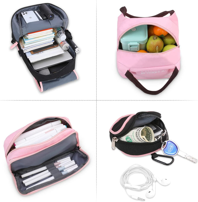 Schulrucksack Mädchen Teenager Schulranzen, Schultaschen-Set 4-in-1 mit Lunch Taschen Federmäppchen Kinder-Geldbörsen, Kinderrucksack Laptop Rucksäcke