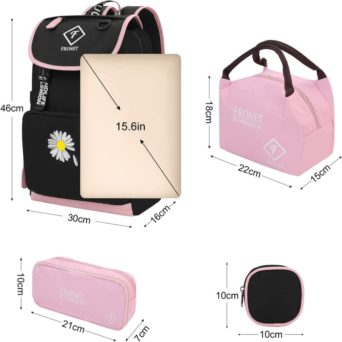 Schulrucksack Mädchen Teenager Schulranzen, Schultaschen-Set 4-in-1 mit Lunch Taschen Federmäppchen Kinder-Geldbörsen, Kinderrucksack Laptop Rucksäcke