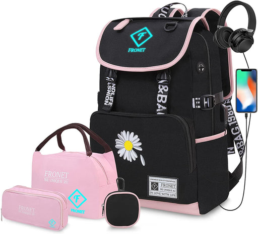 Schulrucksack Mädchen Teenager Schulranzen, Schultaschen-Set 4-in-1 mit Lunch Taschen Federmäppchen Kinder-Geldbörsen, Kinderrucksack Laptop Rucksäcke