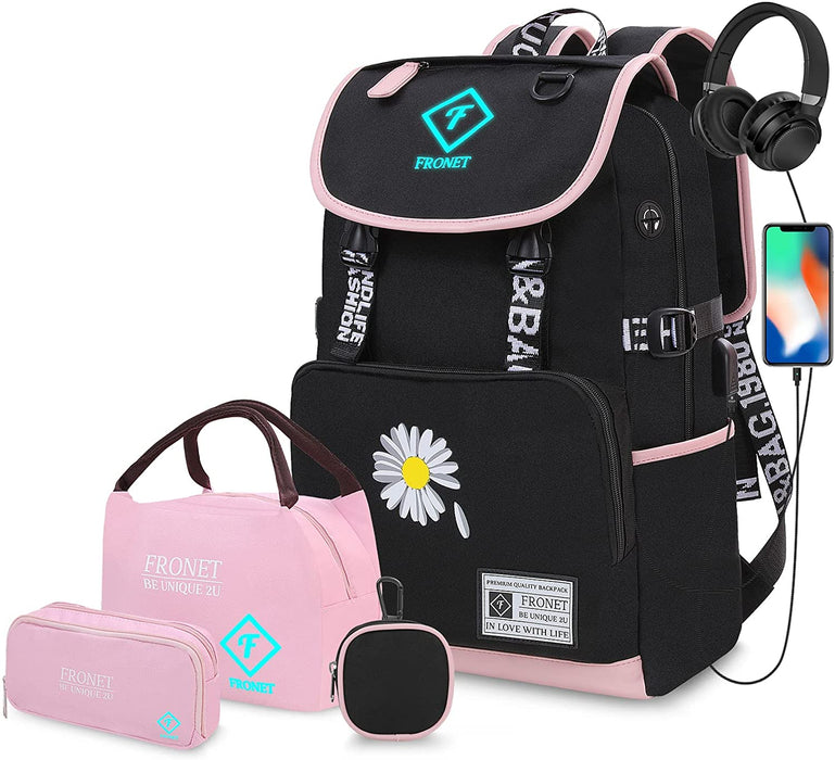 Schulrucksack Mädchen Teenager Schulranzen, Schultaschen-Set 4-in-1 mit Lunch Taschen Federmäppchen Kinder-Geldbörsen, Kinderrucksack Laptop Rucksäcke