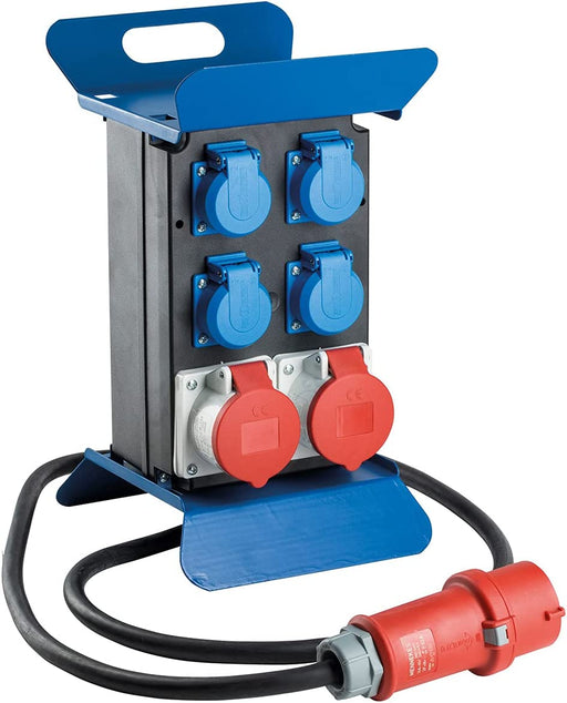 Schwabe Tragbarer CEE-Stromverteiler STECKY 1 – CEE-Stecker + 4 Schuko-Dosen + 2 CEE-Buchsen – Mobiler Stromverteilerkasten – Verteilerdose für den Außenbereich – IP44 – Made in EU