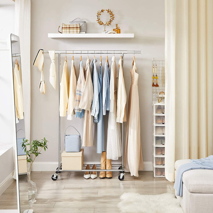 Schwerlast-Kleiderständer, 2er Set, Garderobenständer auf Rollen, bis 90 kg belastbar, mit ausziehbarer Kleiderstange, zusammenklappbares Unterteil