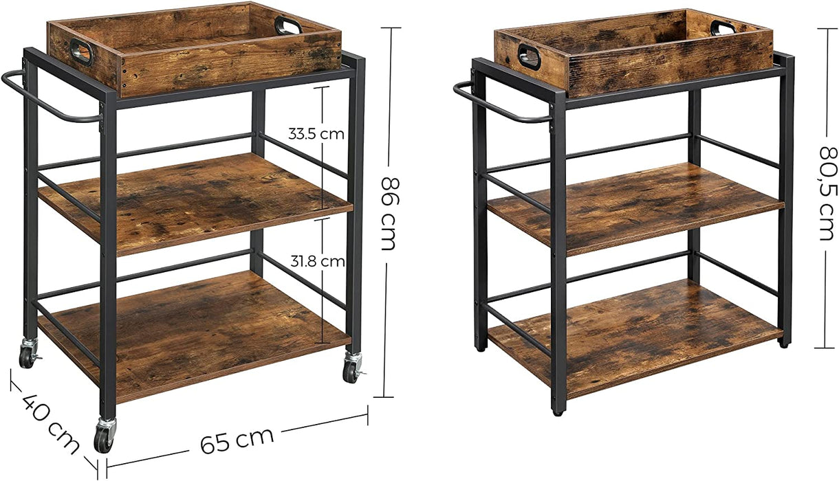 Servierwagen mit abnehmbarem Tablett, feststellbarer Küchenwagen mit Universalrollen, Küchenregal, 65 x 40 x 86 cm, stabiles Metallgestell