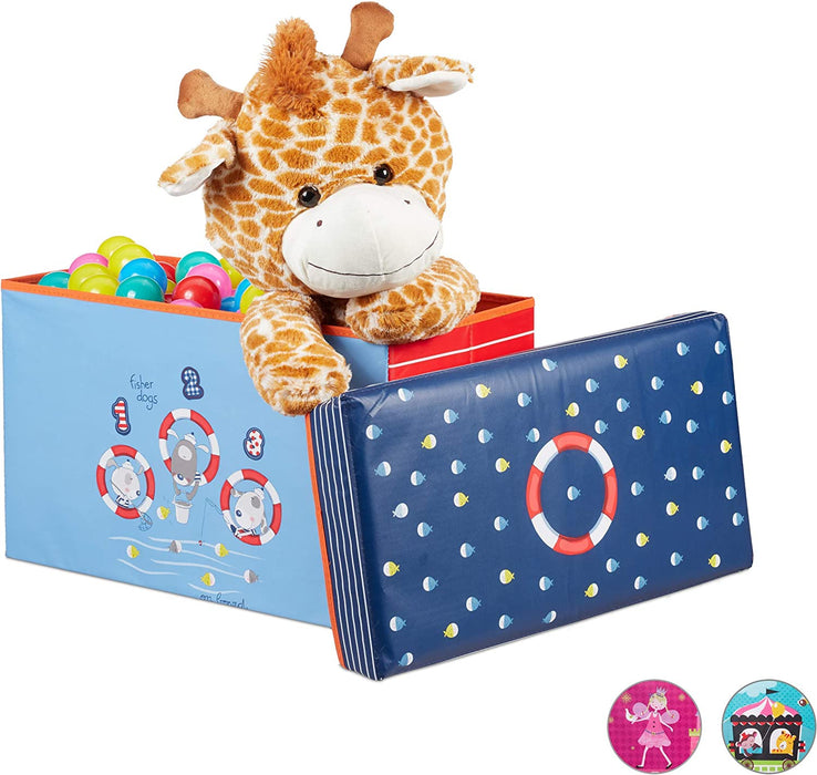 Sitzbox Kinder, Faltbare Aufbewahrungsbox mit Stauraum, Deckel, Motiv Meer, Jungen & Mädchen, 50 Liter, blau, Sea Life